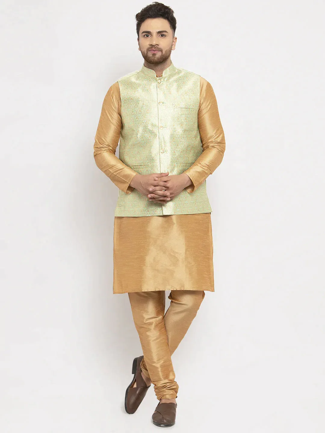 Men'S Green Woven Nehru Jacket