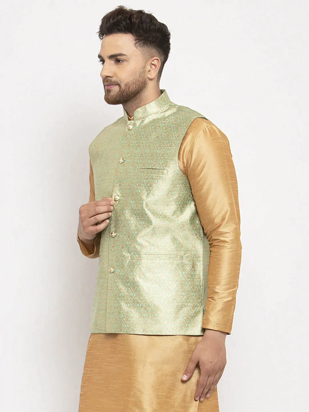 Men'S Green Woven Nehru Jacket