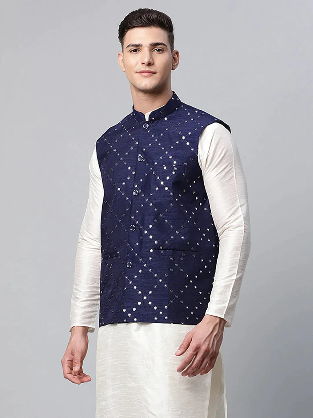 Men'S Navy Mirror Work Embroidered Nehru Jacket