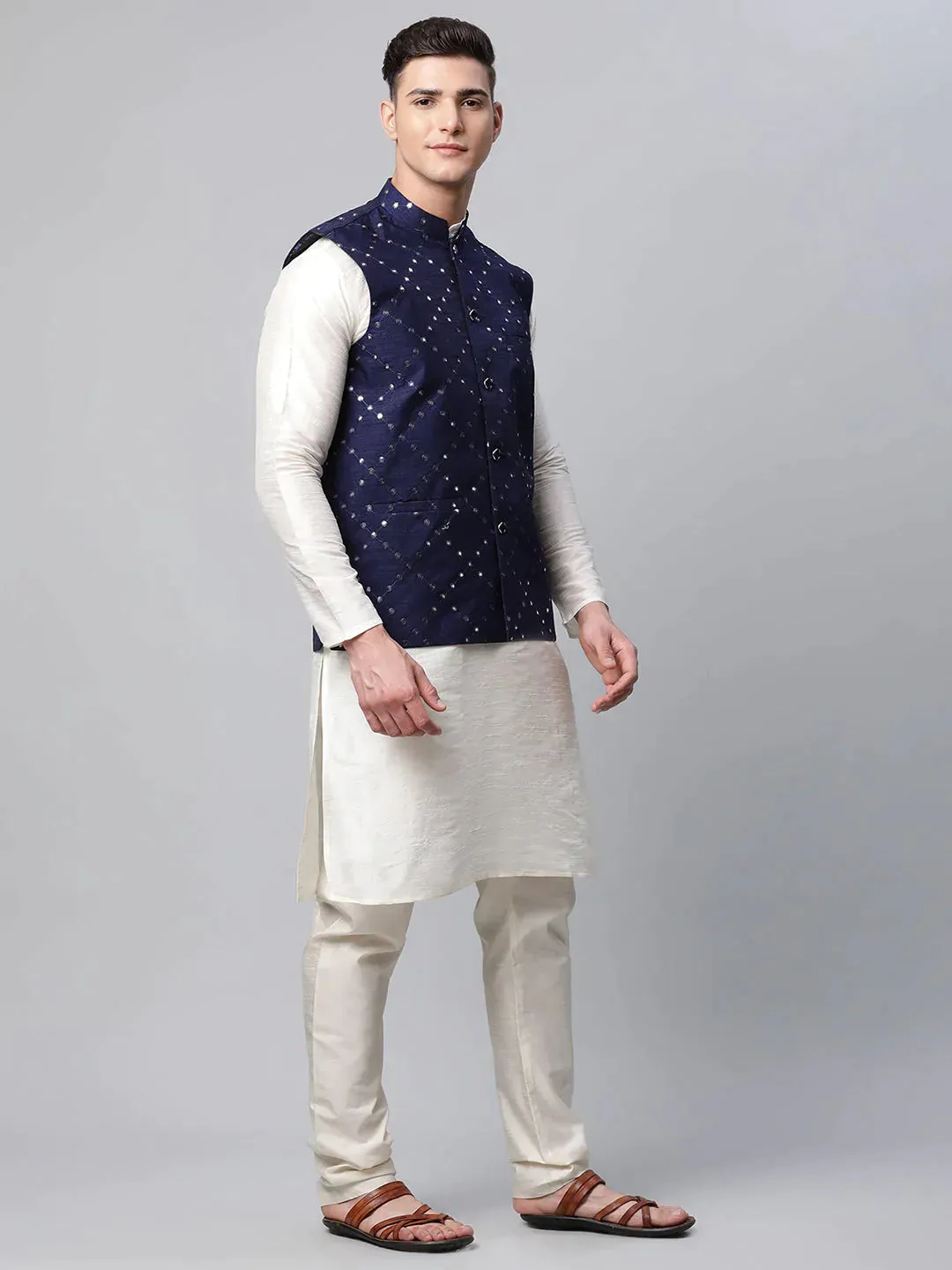 Men'S Navy Mirror Work Embroidered Nehru Jacket