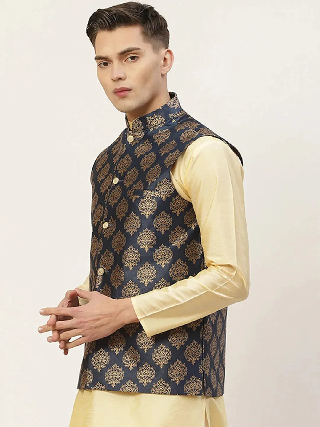 Men'S Navy Printed Nehru Jacket