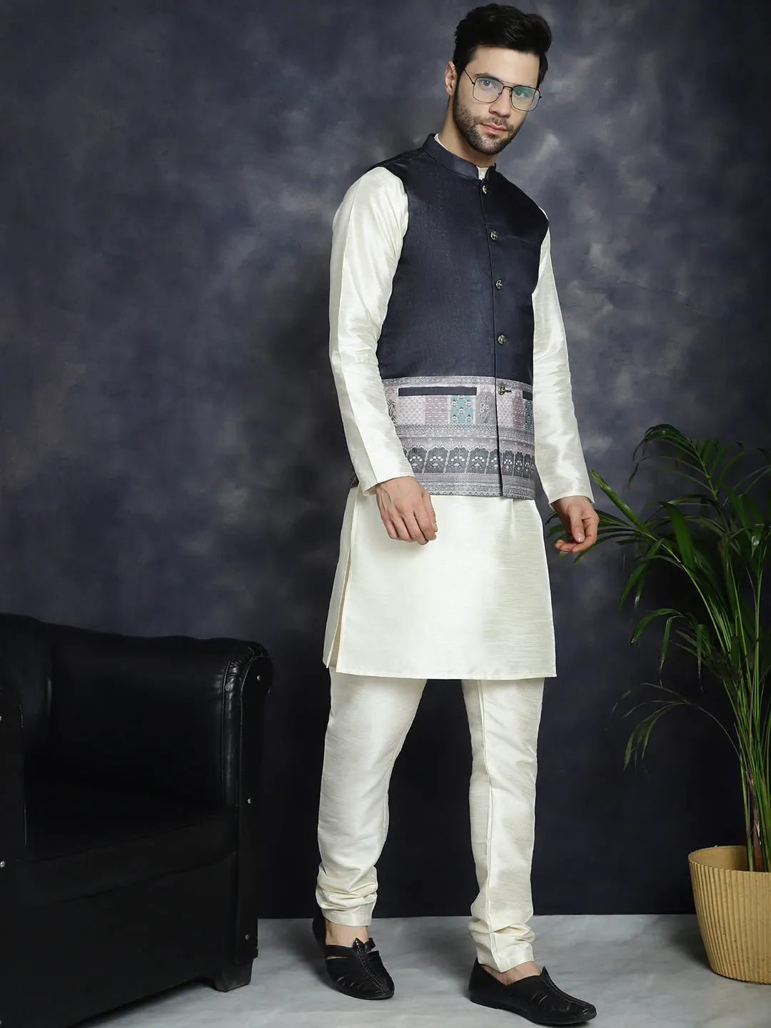 Men'S Printed Nehru Jacket With Solid Kurta Pyjama