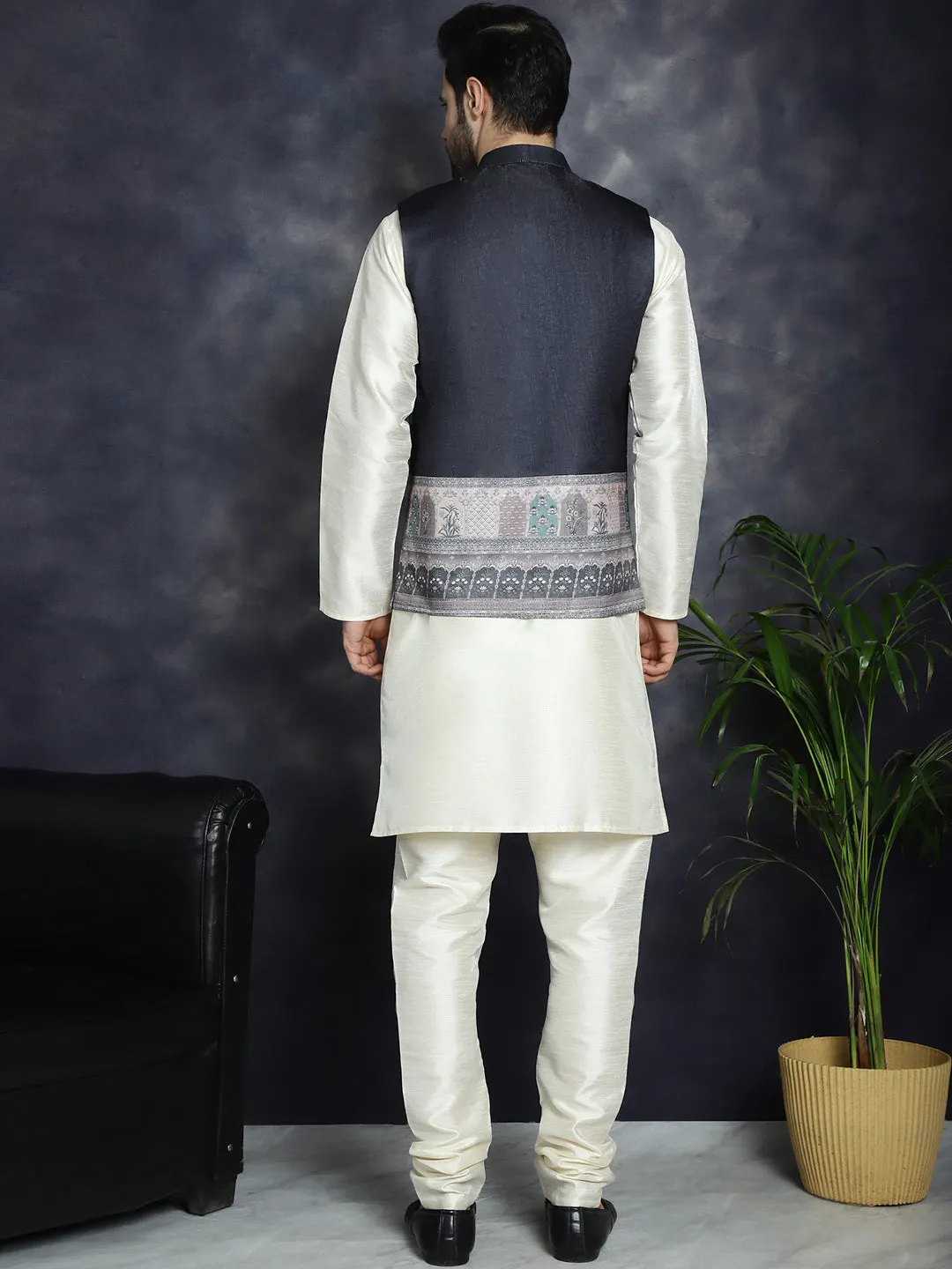 Men'S Printed Nehru Jacket With Solid Kurta Pyjama