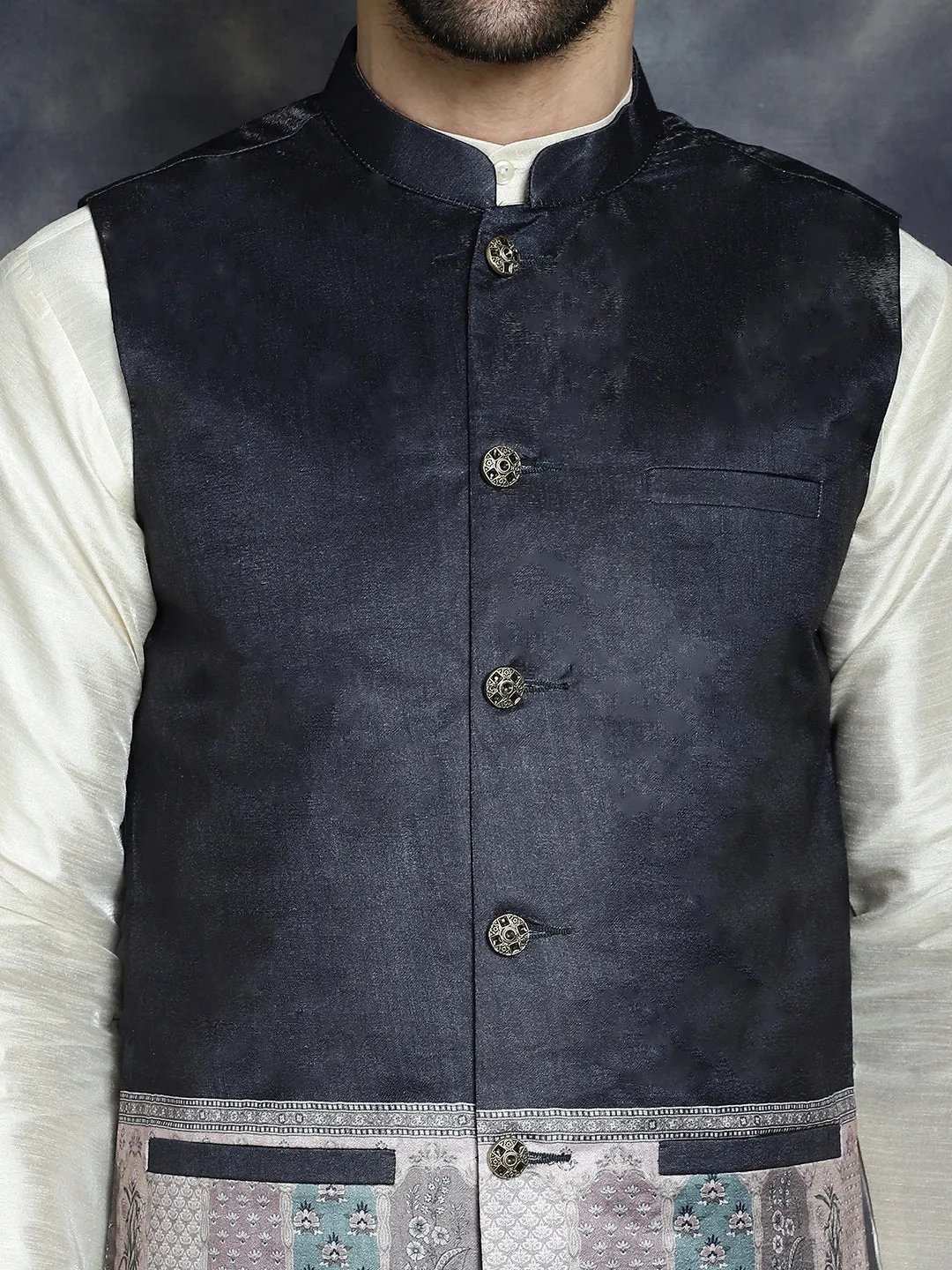 Men'S Printed Nehru Jacket With Solid Kurta Pyjama