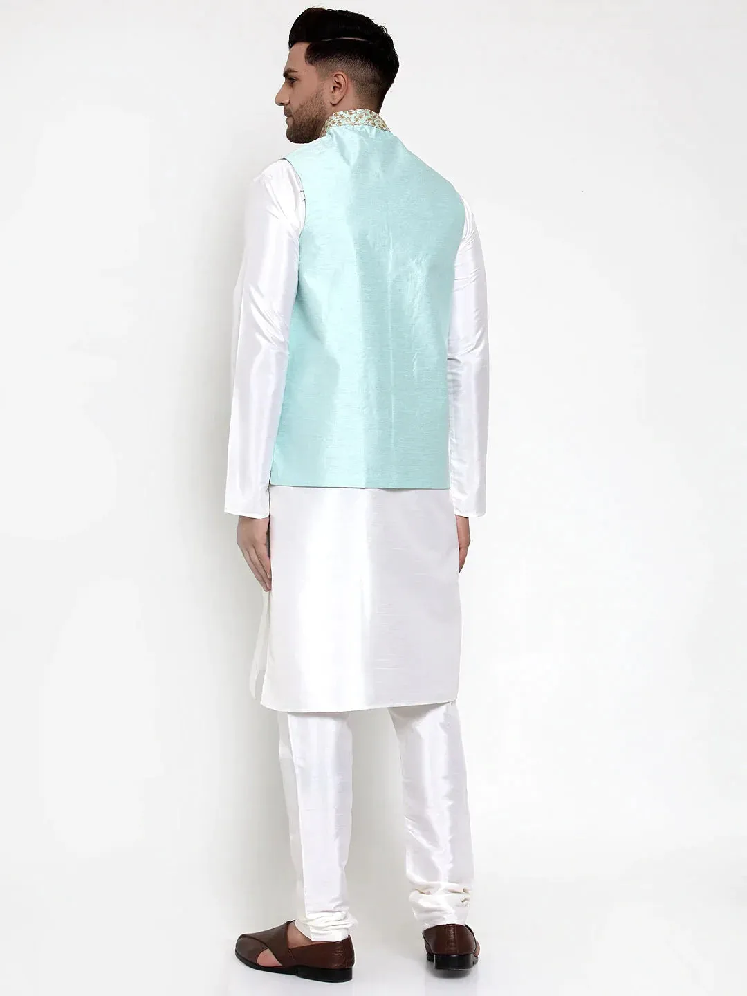 Men'S Solid Dupion Kurta Pajama With Embroidered Nehru Jacket