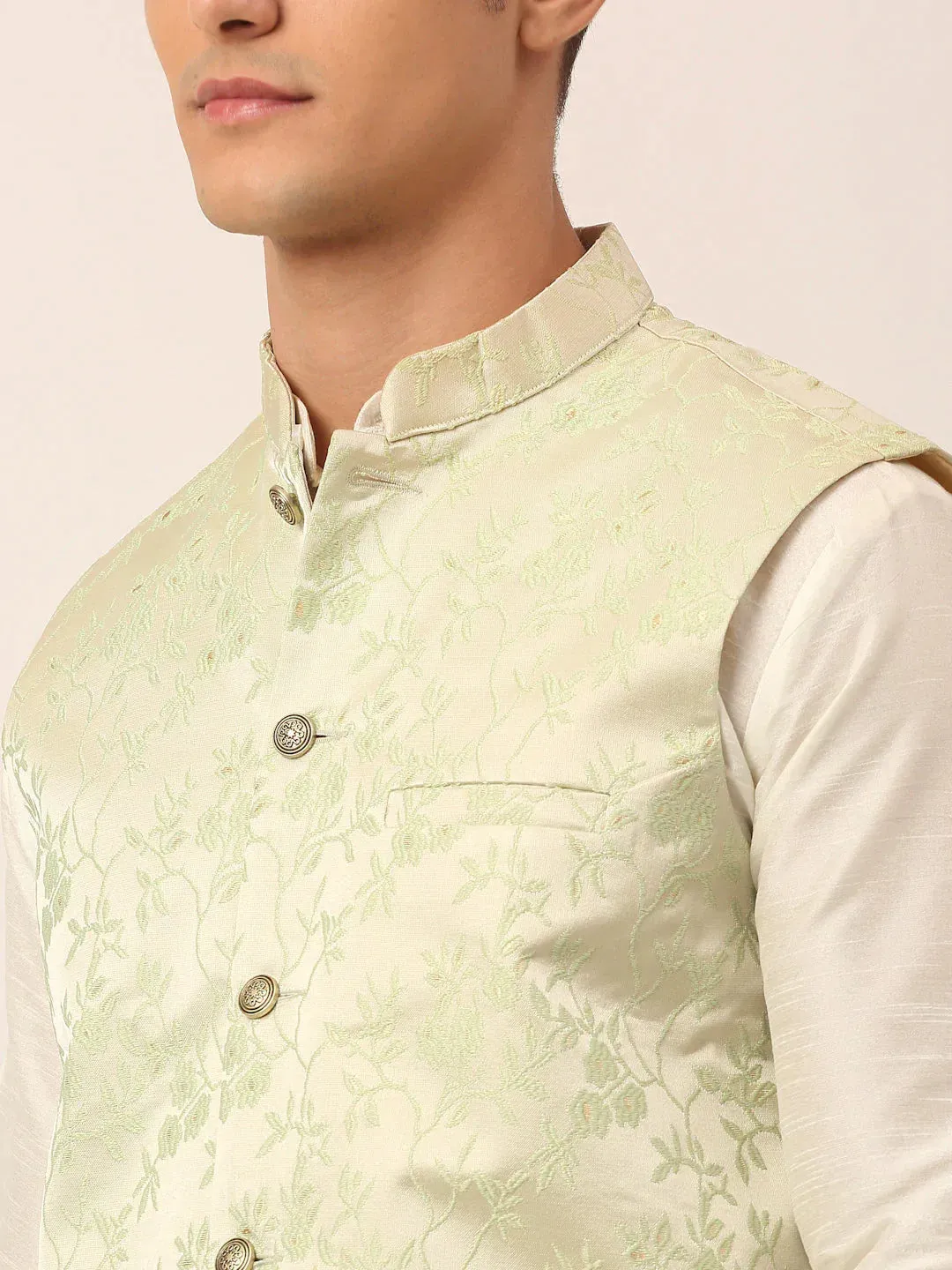 Men'S Solid Kurta Pyjama With Pista Green Floral Embroidered Nehru Jacket