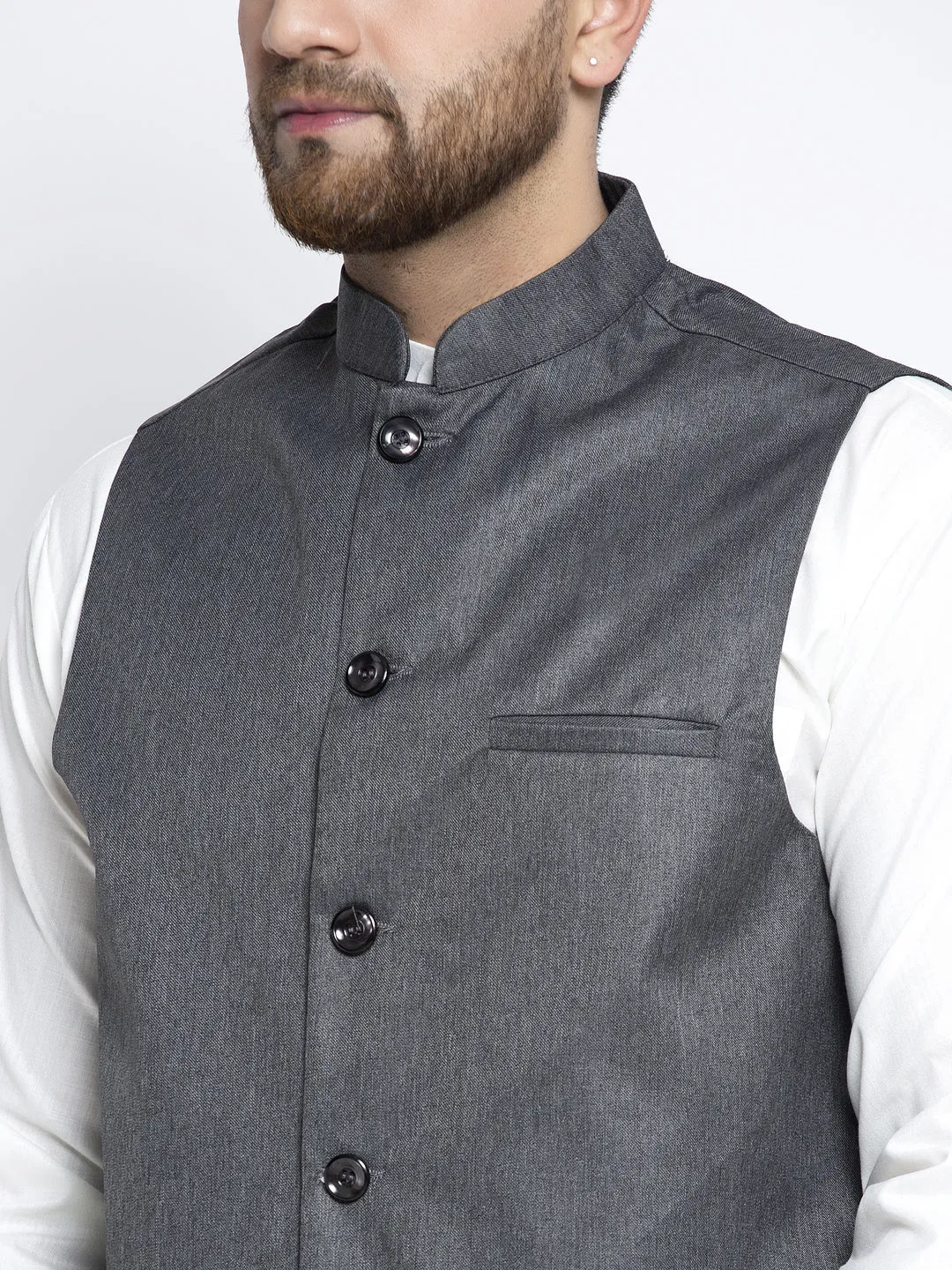 Men'S Solid White Cotton Kurta Payjama With Solid Charcoal Waistcoat