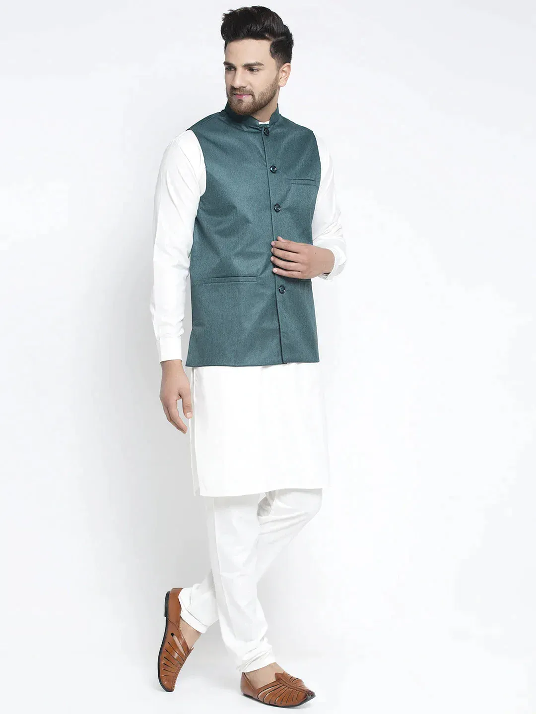 Men'S Solid White Cotton Kurta Payjama With Solid Teal Waistcoat