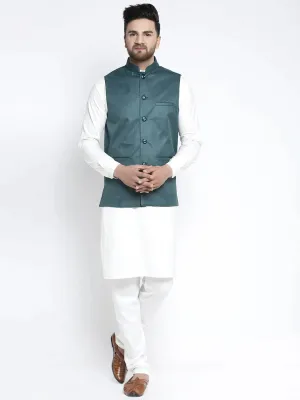 Men'S Solid White Cotton Kurta Payjama With Solid Teal Waistcoat