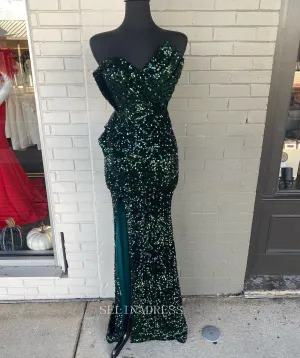 Mermaid One Shoulder Green Sequins Prom Dress Sparkly Long Formal Dresses KPY054