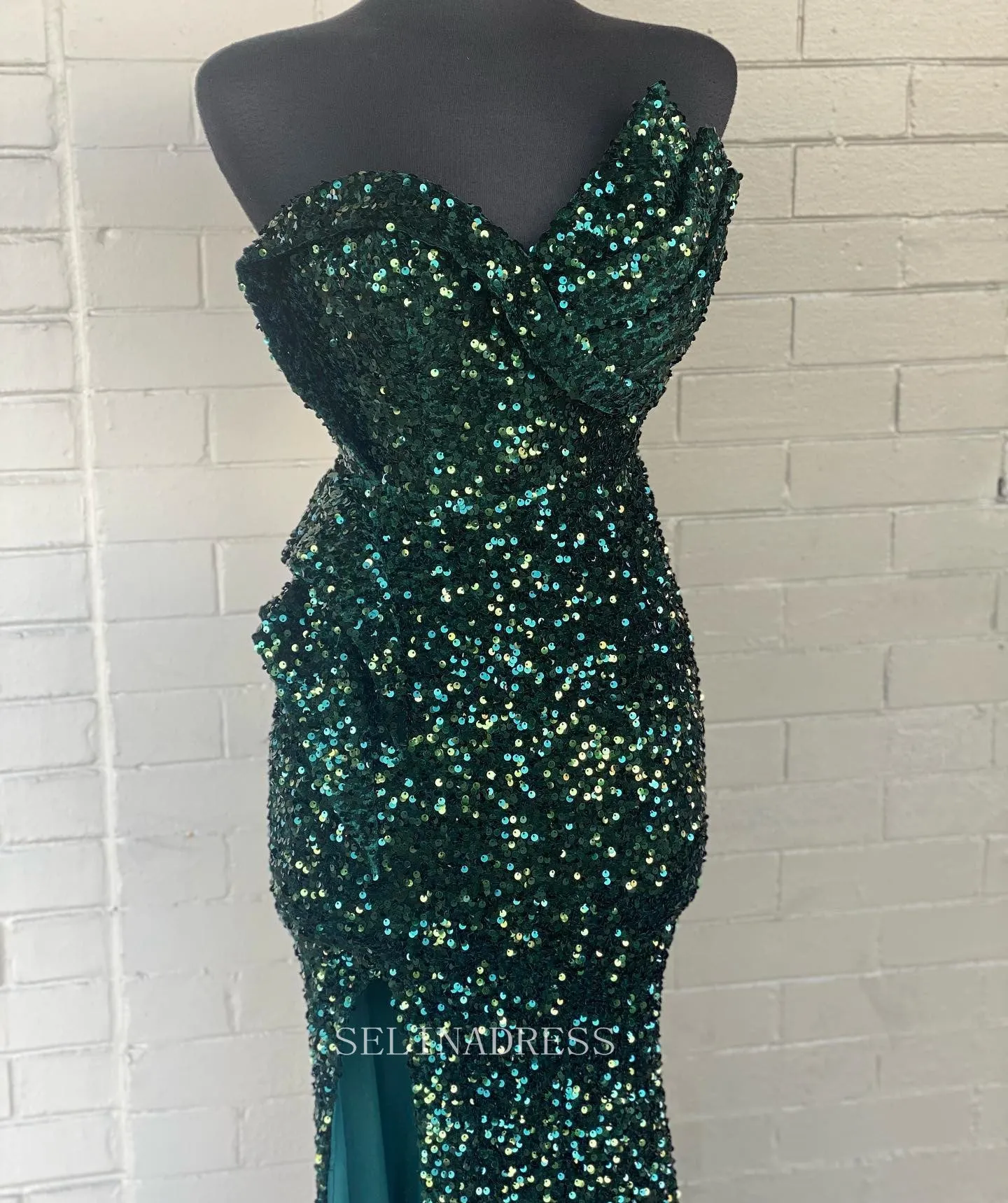 Mermaid One Shoulder Green Sequins Prom Dress Sparkly Long Formal Dresses KPY054