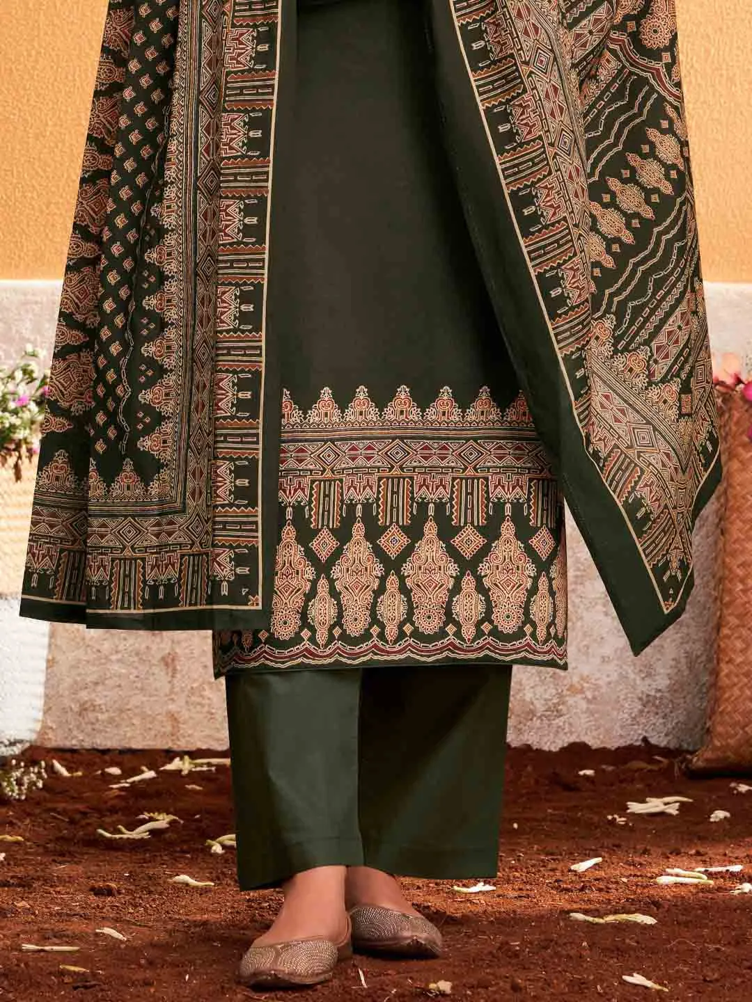 Mumtaz Arts Pure Cotton Satin Unstitched Salwar Suit Dark Olive Green