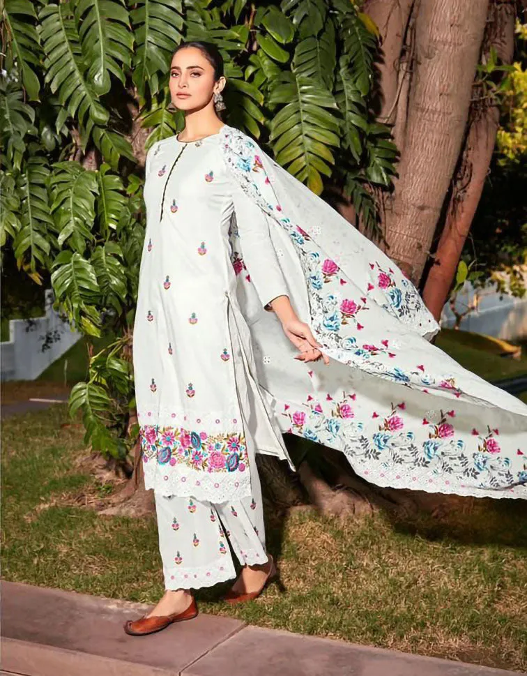 Mumtaz Arts Pure Lawn Unstitched White Sarwar Suit Material