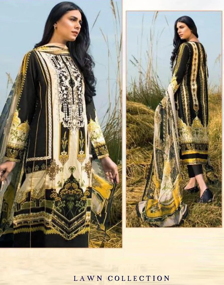 Pakistani Lawn Cotton Black Unstitched Salwar Kameez Suit