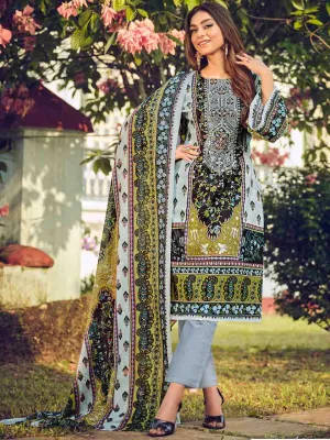 Pakistani Print Grey Unstitched Cotton Suit Material for Women