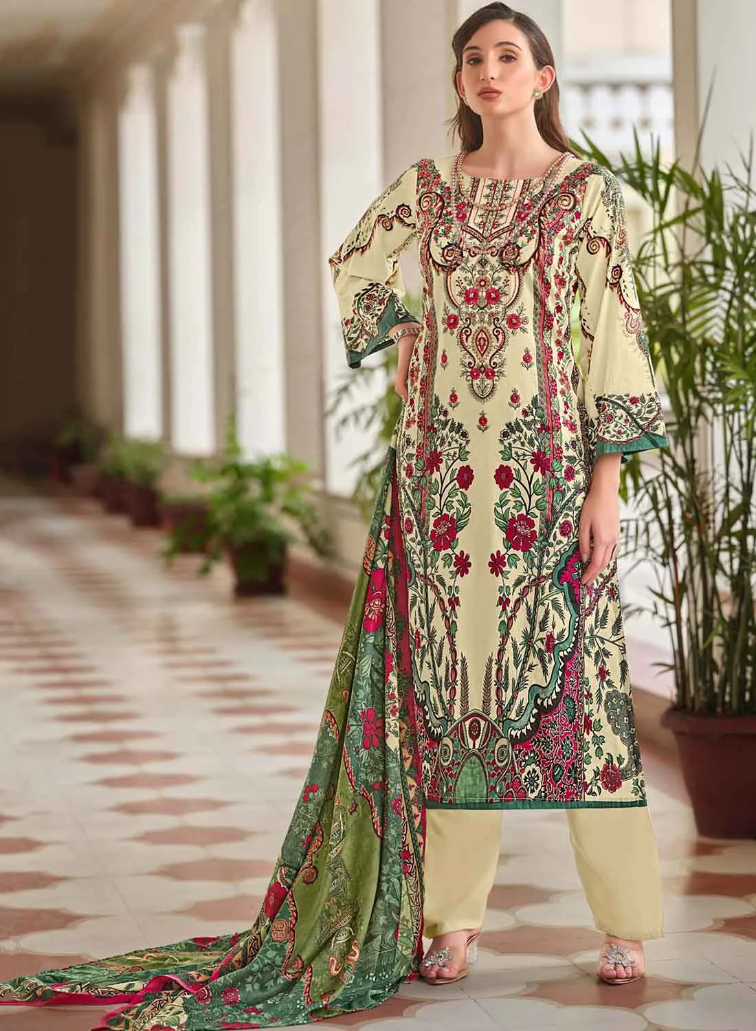 Pakistani Print Unstitched Cotton Suit Dress Material with Embroidery