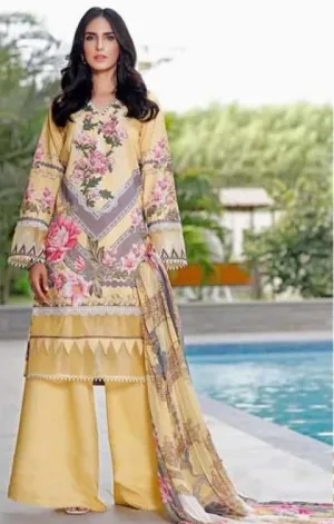 Pakistani Style Unstitched Yellow Lawn Cotton Suit