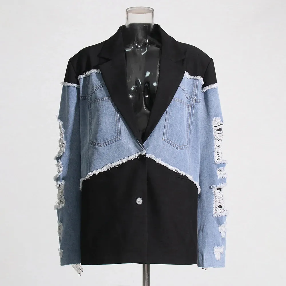 Patchwork Denim Casual Fashion Jacket For Women Notched Collar Long Sleeve Spliced Button Loose Vintage Coat Female Style