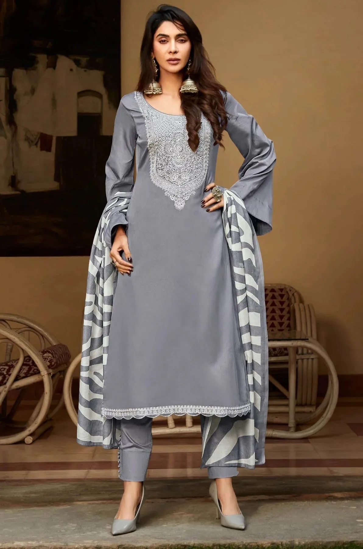 Pure Cotton Satin Grey Salwar Suit with Embroidery Unstitched