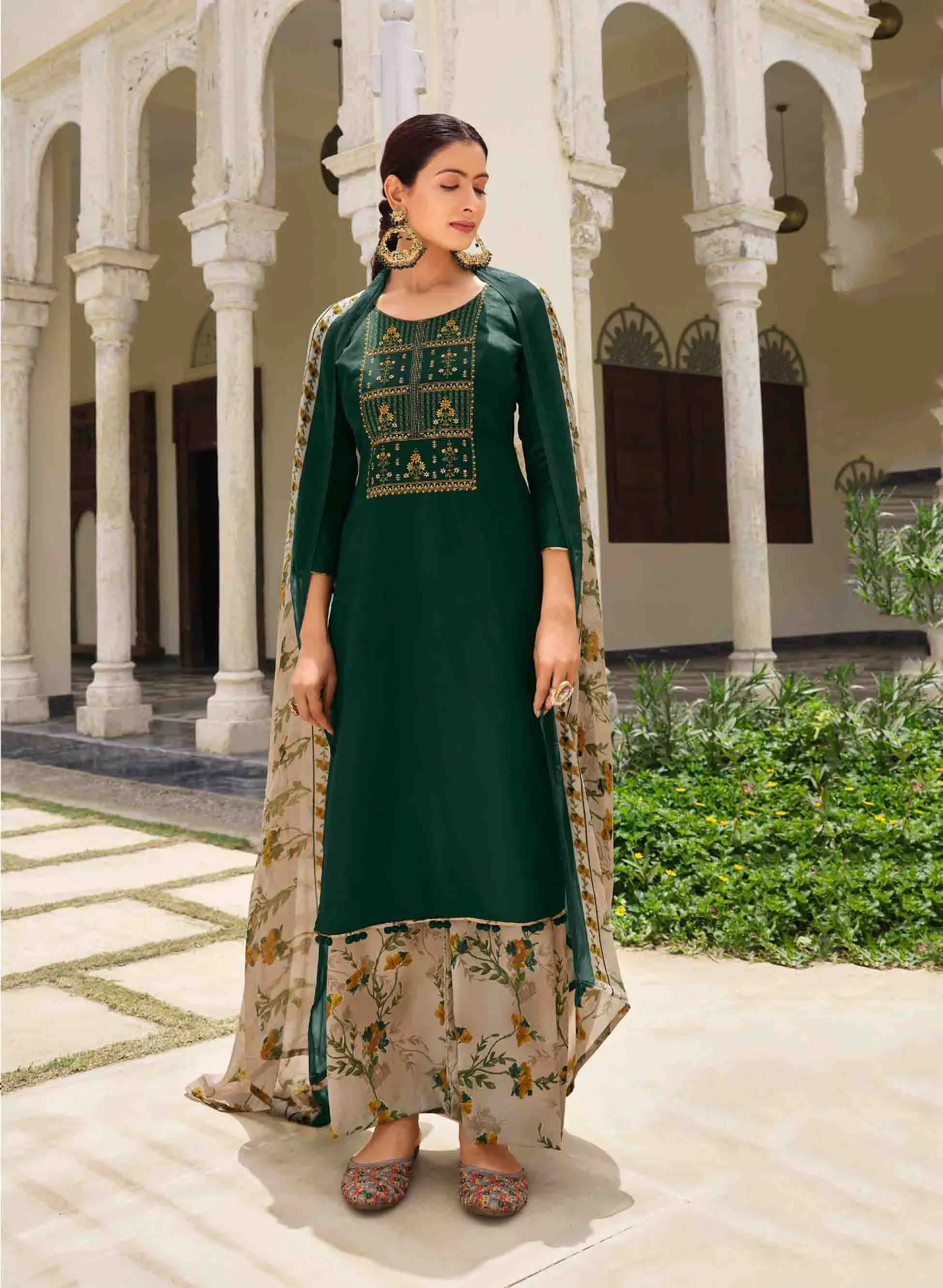 Pure Jam Cotton Unstitched Green Women Suits Material with Embroidery