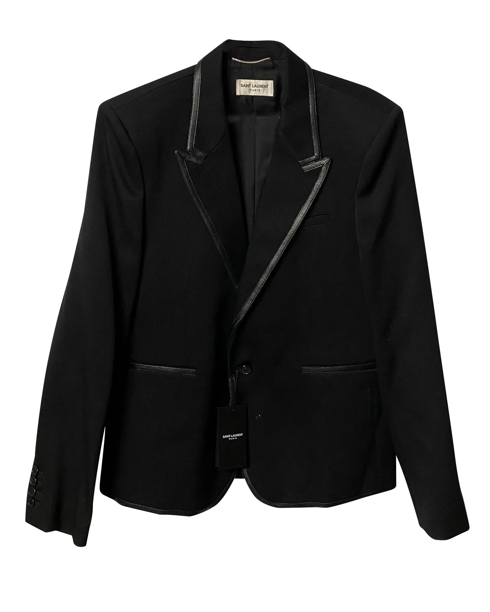 Saint Laurent Faux Leather-Trimmed Blazer in Black Wool