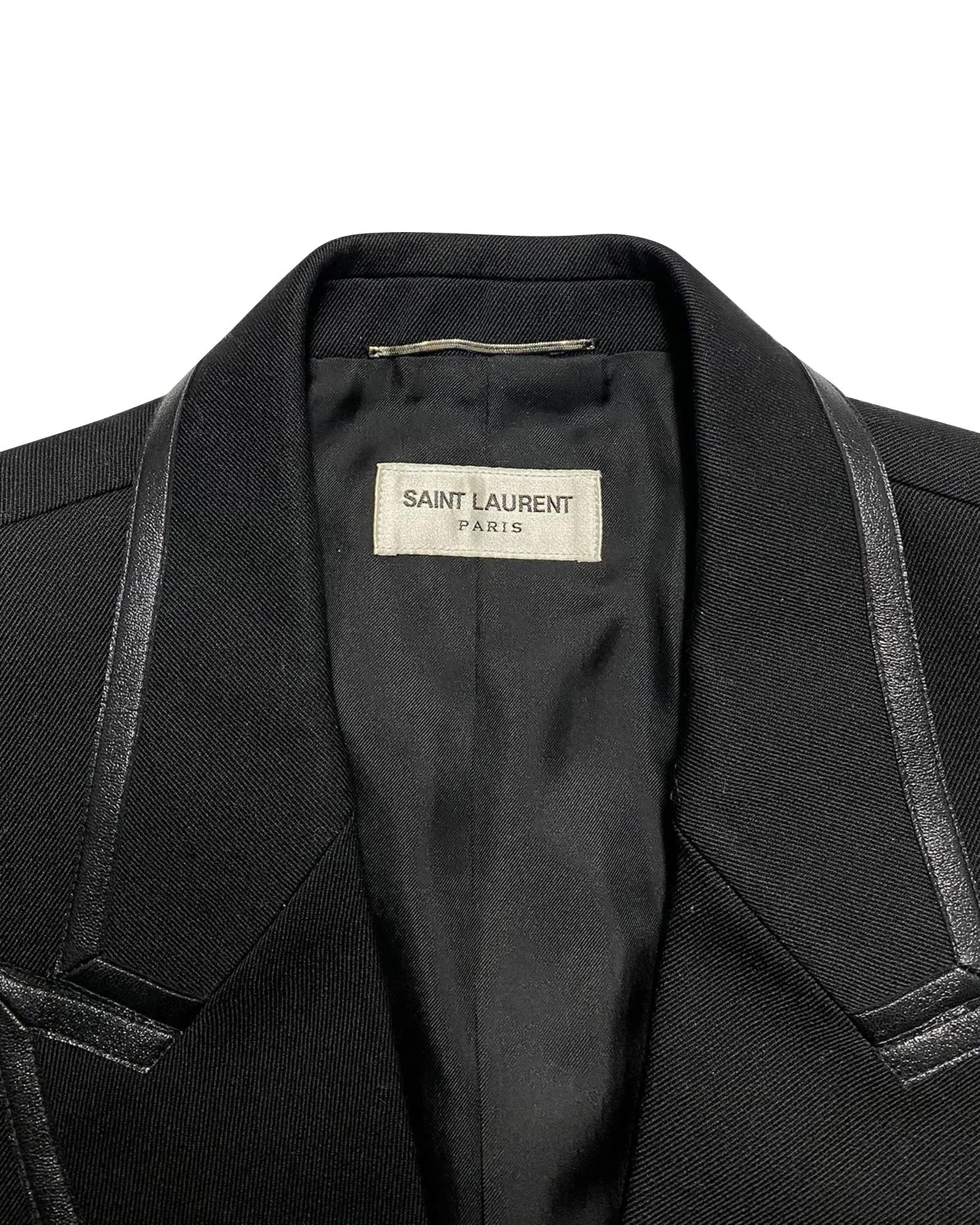 Saint Laurent Faux Leather-Trimmed Blazer in Black Wool