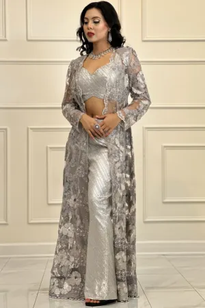 Silver Ladies Suit with Crop top & Net Jacket & Palazzo style pant