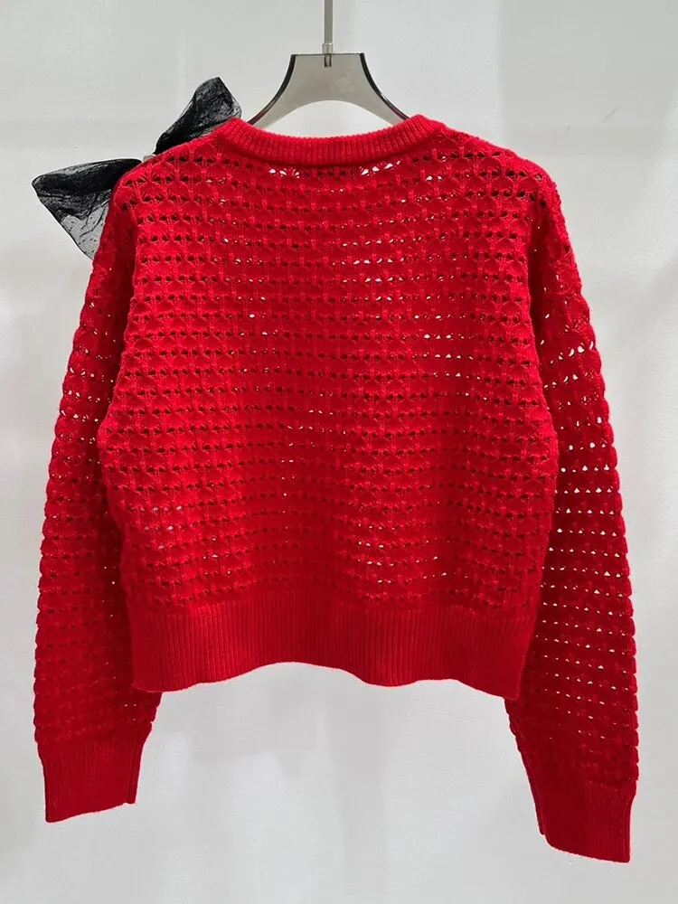 Solid Casual Knitting Sweaters For Women Round Neck Long Sleeves Patchwork Bow Elegant Temperament Sweater Female