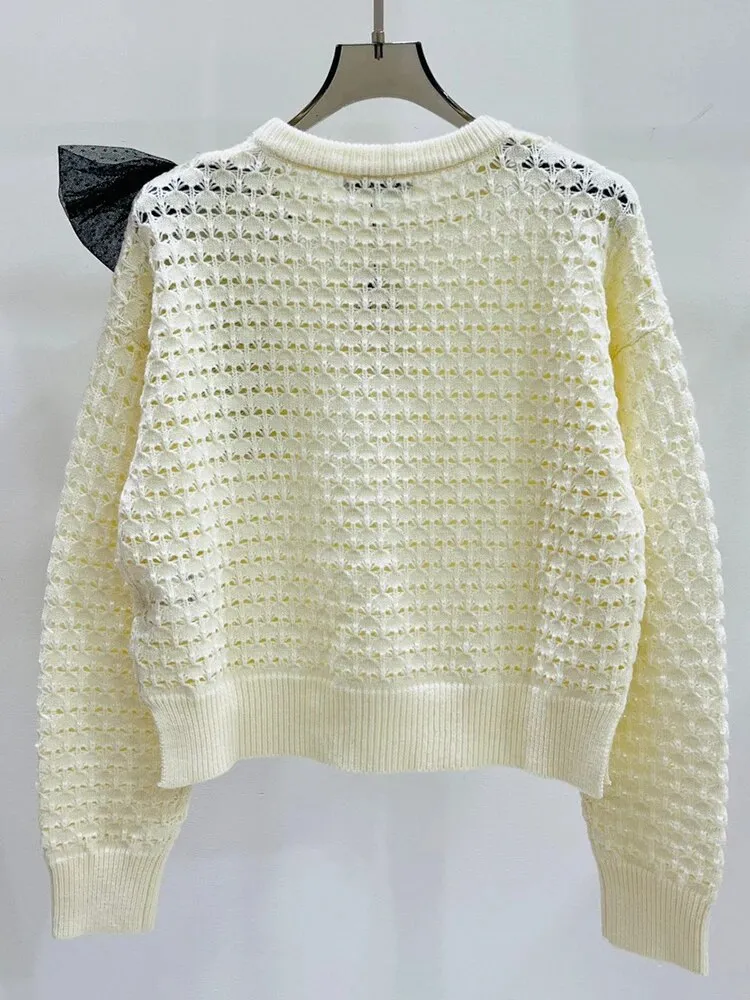 Solid Casual Knitting Sweaters For Women Round Neck Long Sleeves Patchwork Bow Elegant Temperament Sweater Female