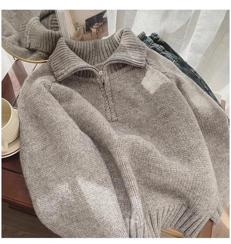 Solid color half-zip sweater jacket for women short knitted top  S4868