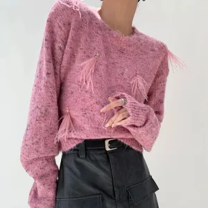 Solid Patchwork Feathers Diamonds Knitting Sweaters For Women Round Neck Long Sleeve Pullover Sweater Female