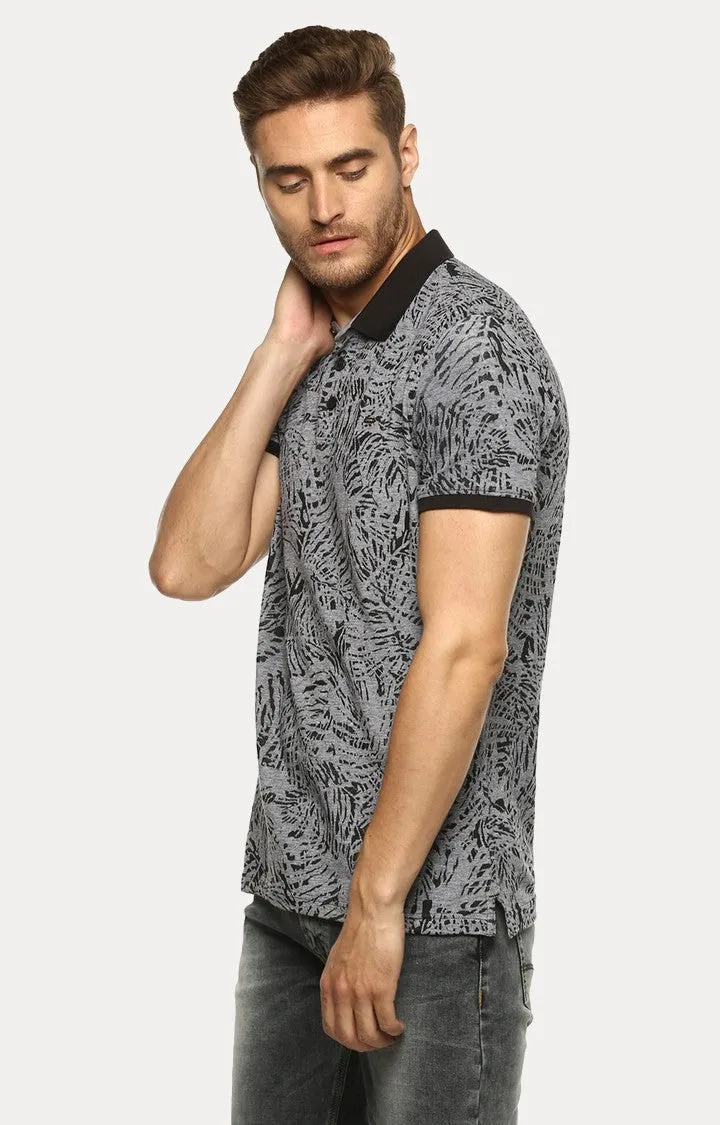 Spykar Black Printed Slim Fit Polo T-Shirt