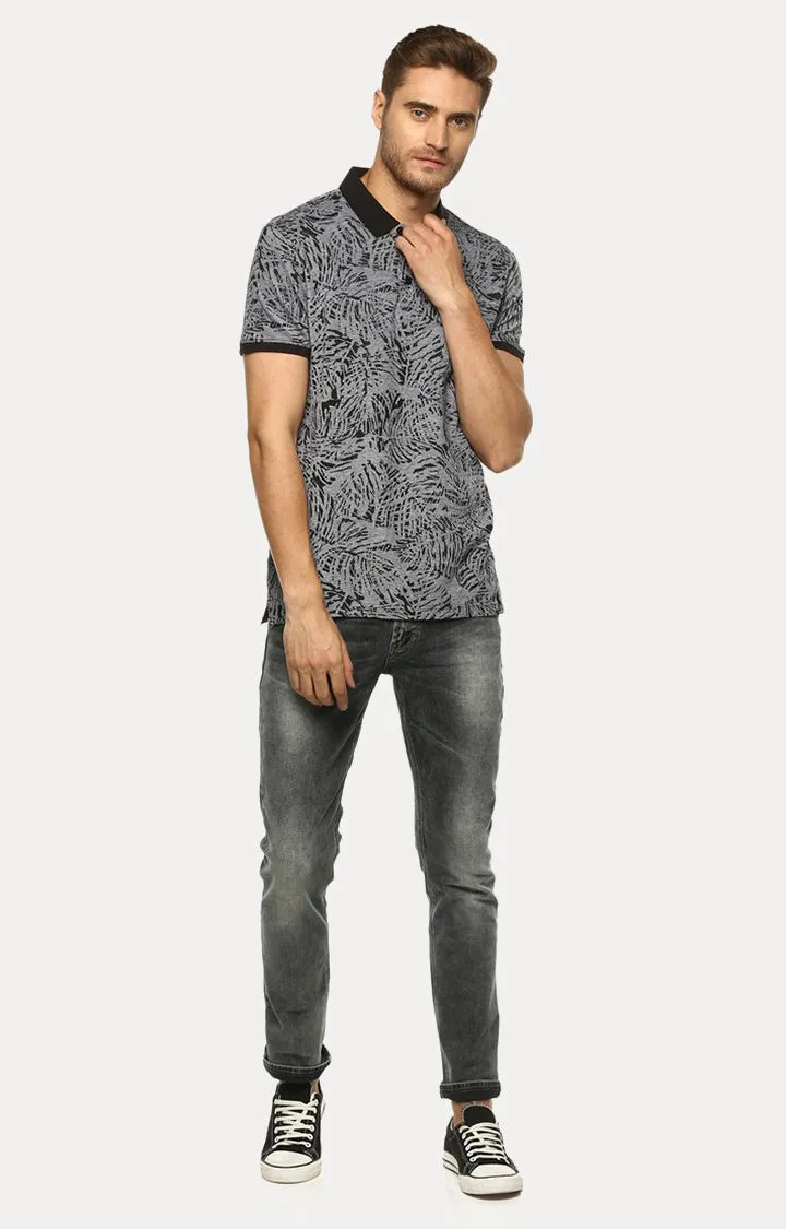 Spykar Black Printed Slim Fit Polo T-Shirt