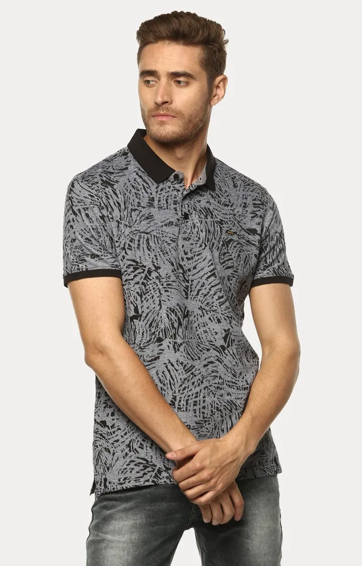 Spykar Black Printed Slim Fit Polo T-Shirt