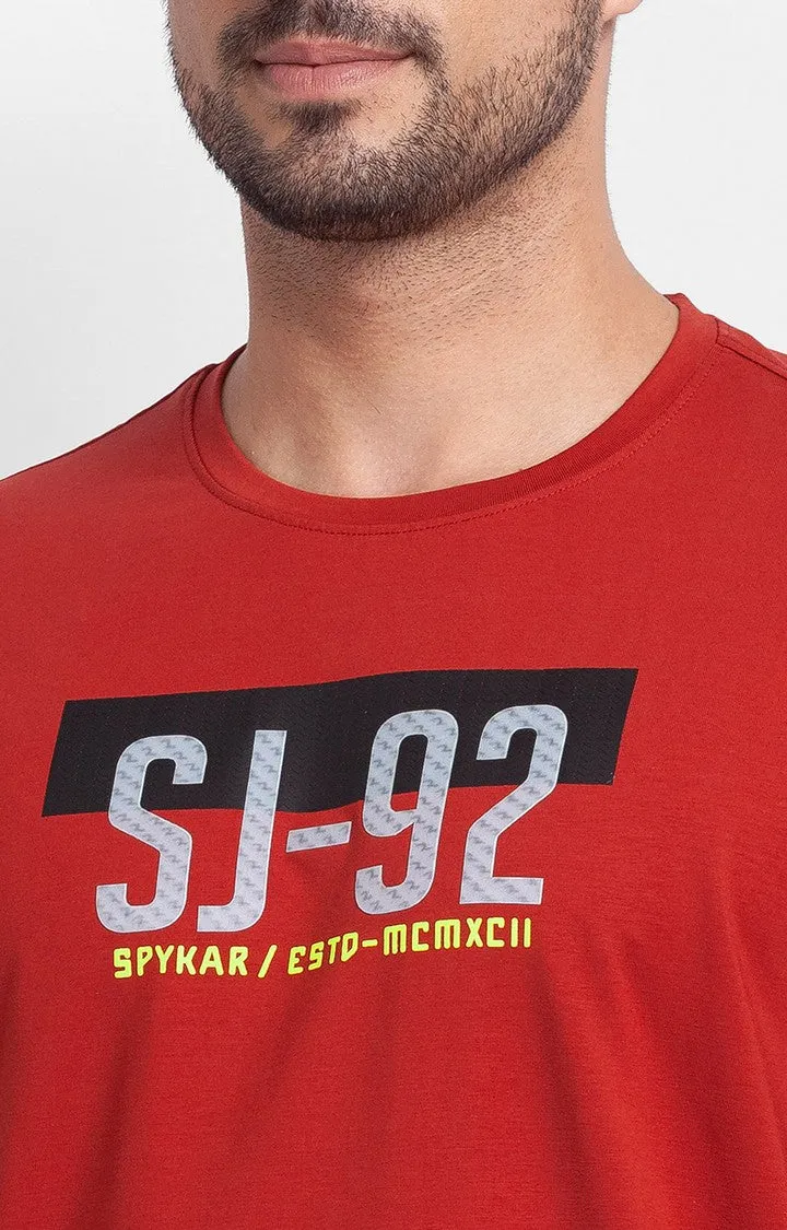 Spykar Brick Red Cotton Full Sleeve Printed Casual T-Shirt For Men