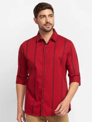 Spykar Deep Red Cotton Full Sleeve Stripes Shirt For Men