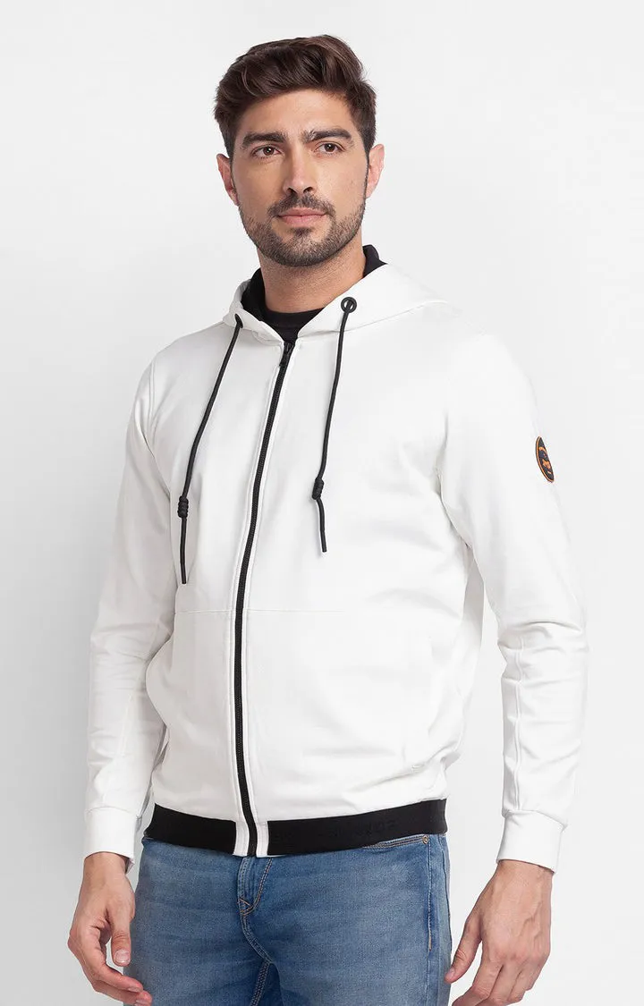 Spykar Ecru Cotton Full Sleeve Hooded Sweatshirt For Men