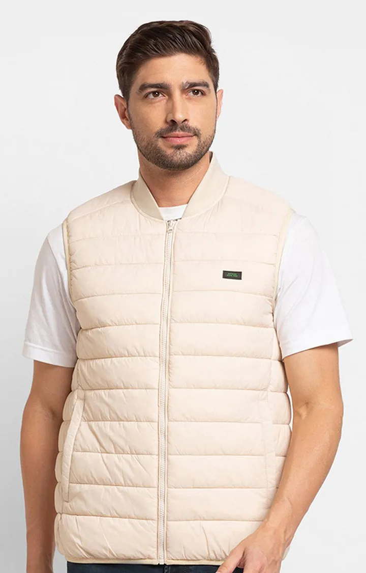 Spykar Ecru Polyester Sleeveless Casual Jacket For Men