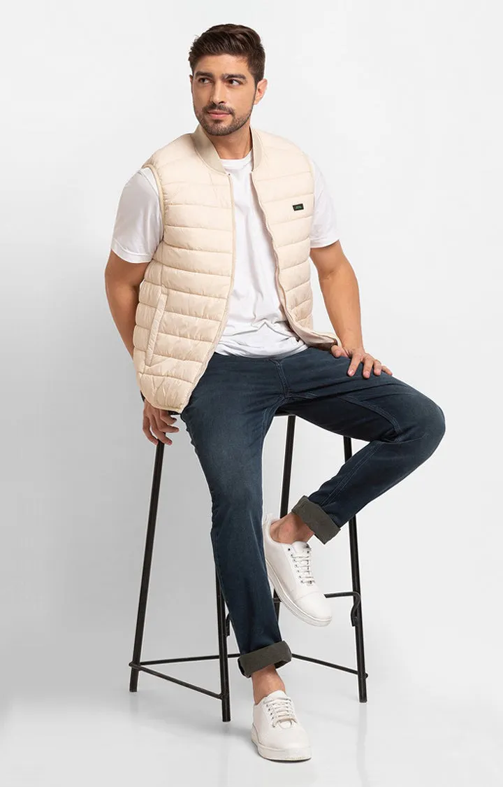 Spykar Ecru Polyester Sleeveless Casual Jacket For Men