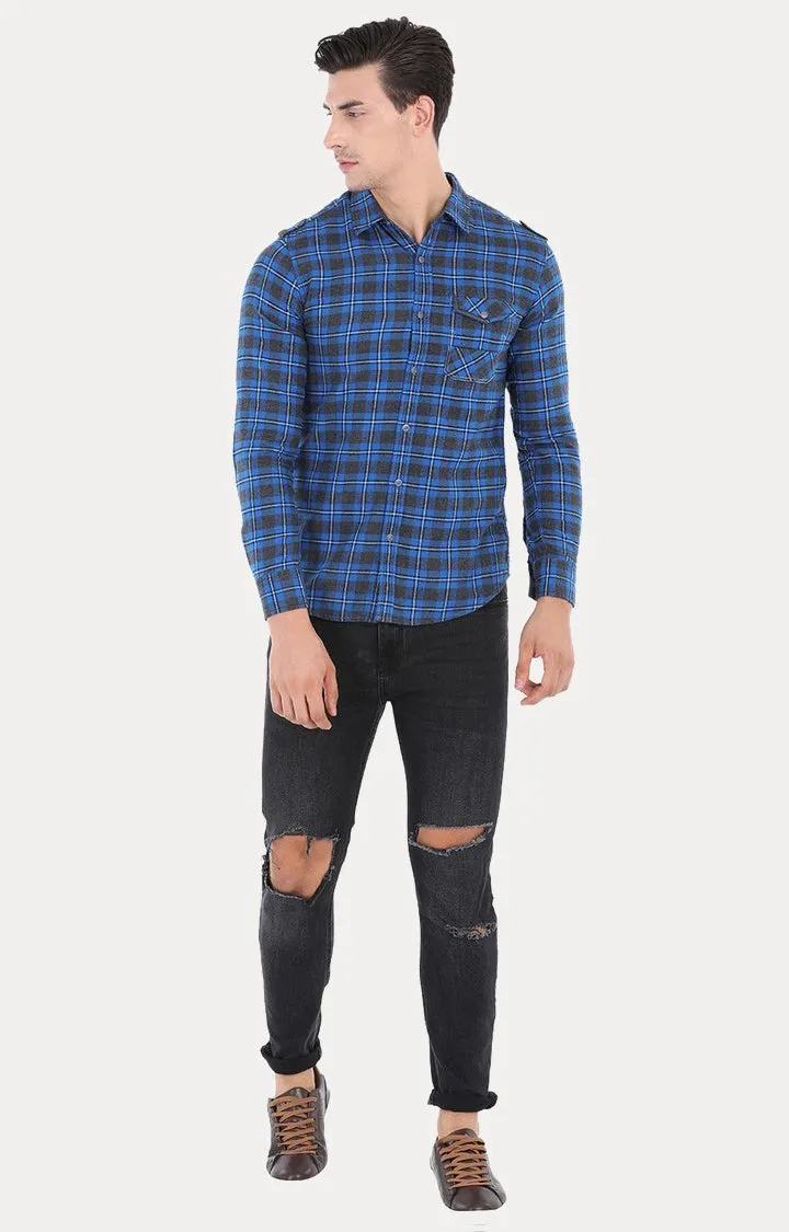 Spykar Men Blue Cotton Slim Fit Full Sleeve Checkered Shirt