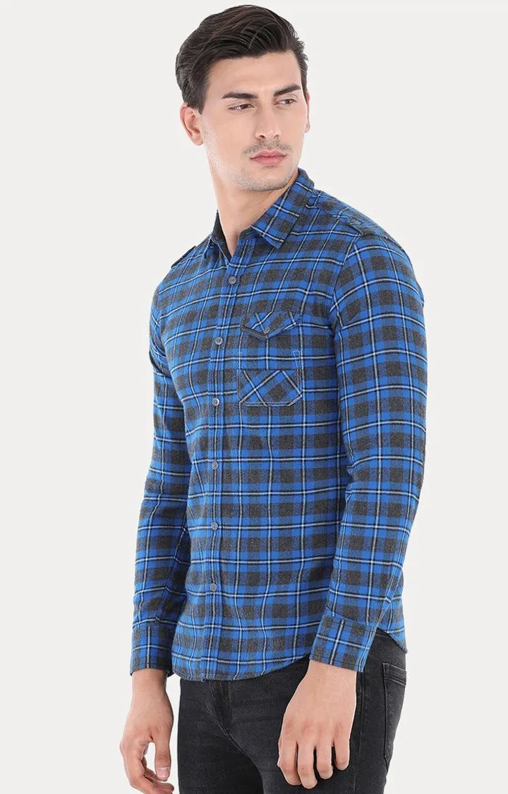 Spykar Men Blue Cotton Slim Fit Full Sleeve Checkered Shirt