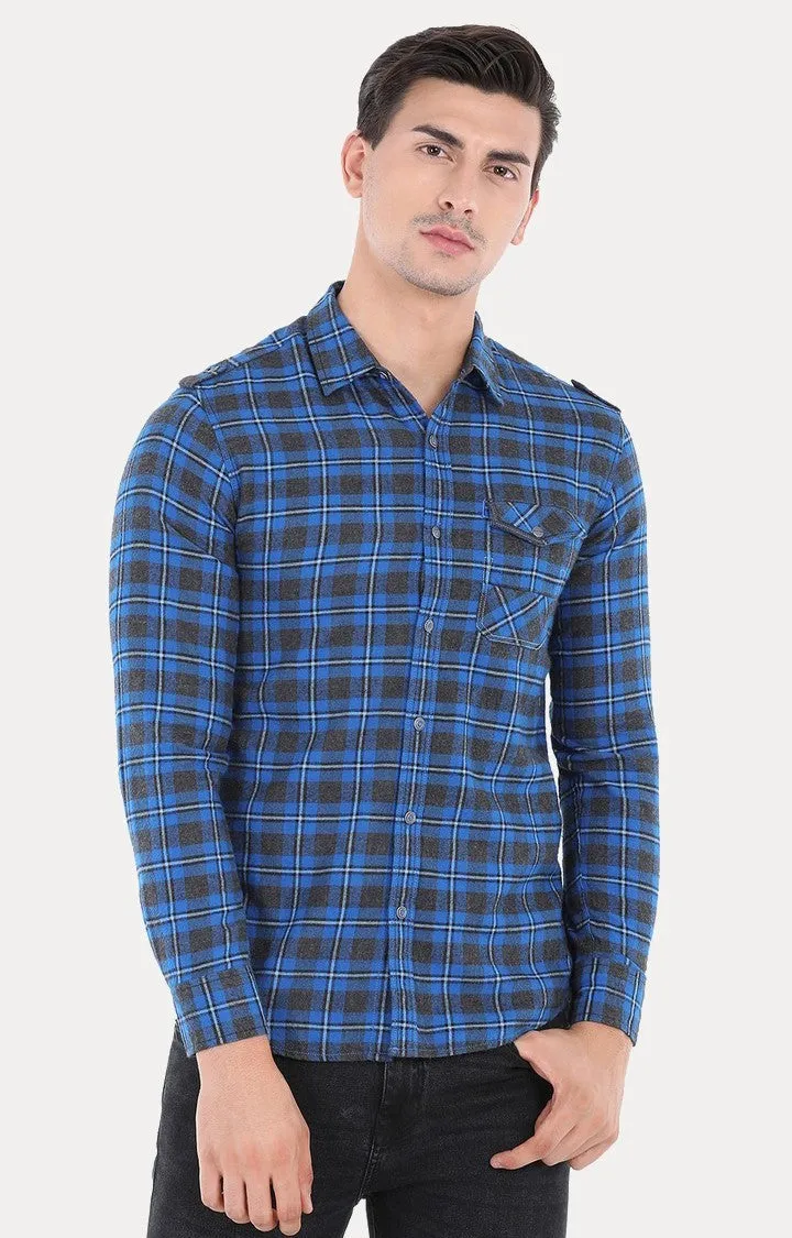 Spykar Men Blue Cotton Slim Fit Full Sleeve Checkered Shirt