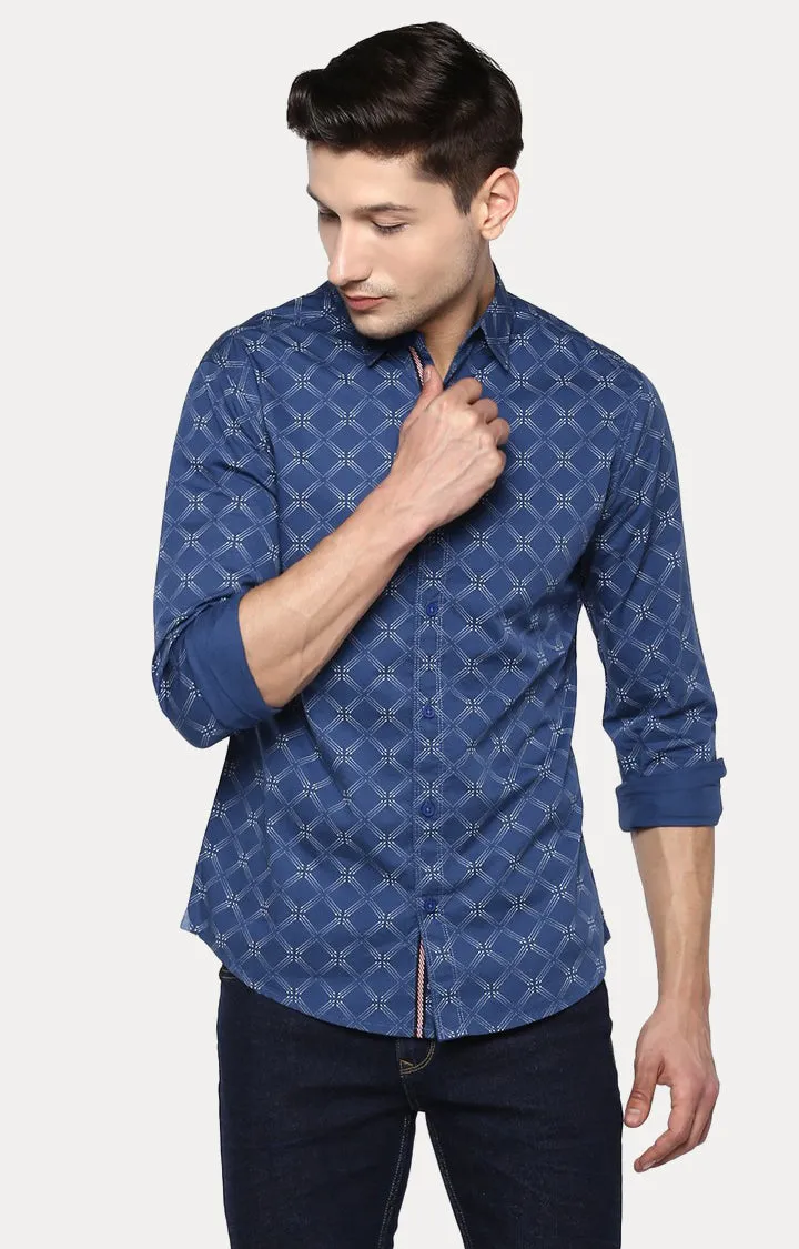 Spykar Men Blue Cotton Slim Fit Printed Shirts