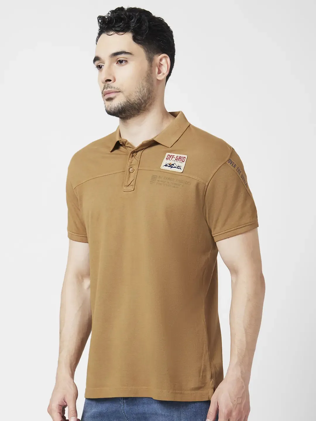 Spykar Men Khaki Cotton Slim Fit Half Sleeve Polo Neck Plain Tshirt