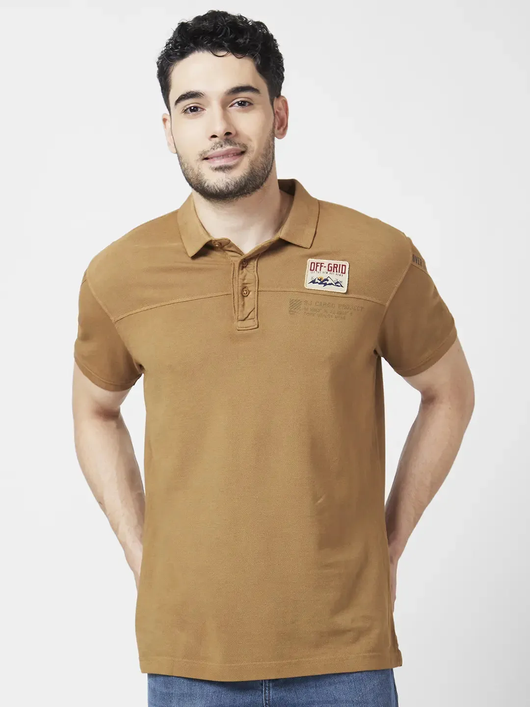 Spykar Men Khaki Cotton Slim Fit Half Sleeve Polo Neck Plain Tshirt