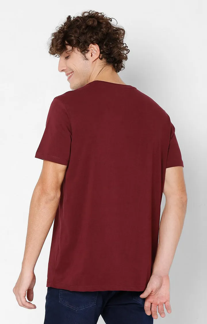 Spykar Men Maroon Cotton Slim Fit Round Neck T-Shirt