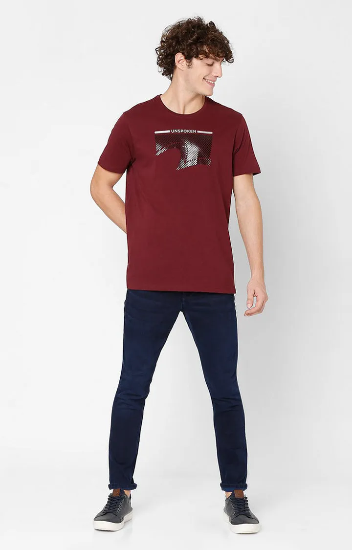 Spykar Men Maroon Cotton Slim Fit Round Neck T-Shirt