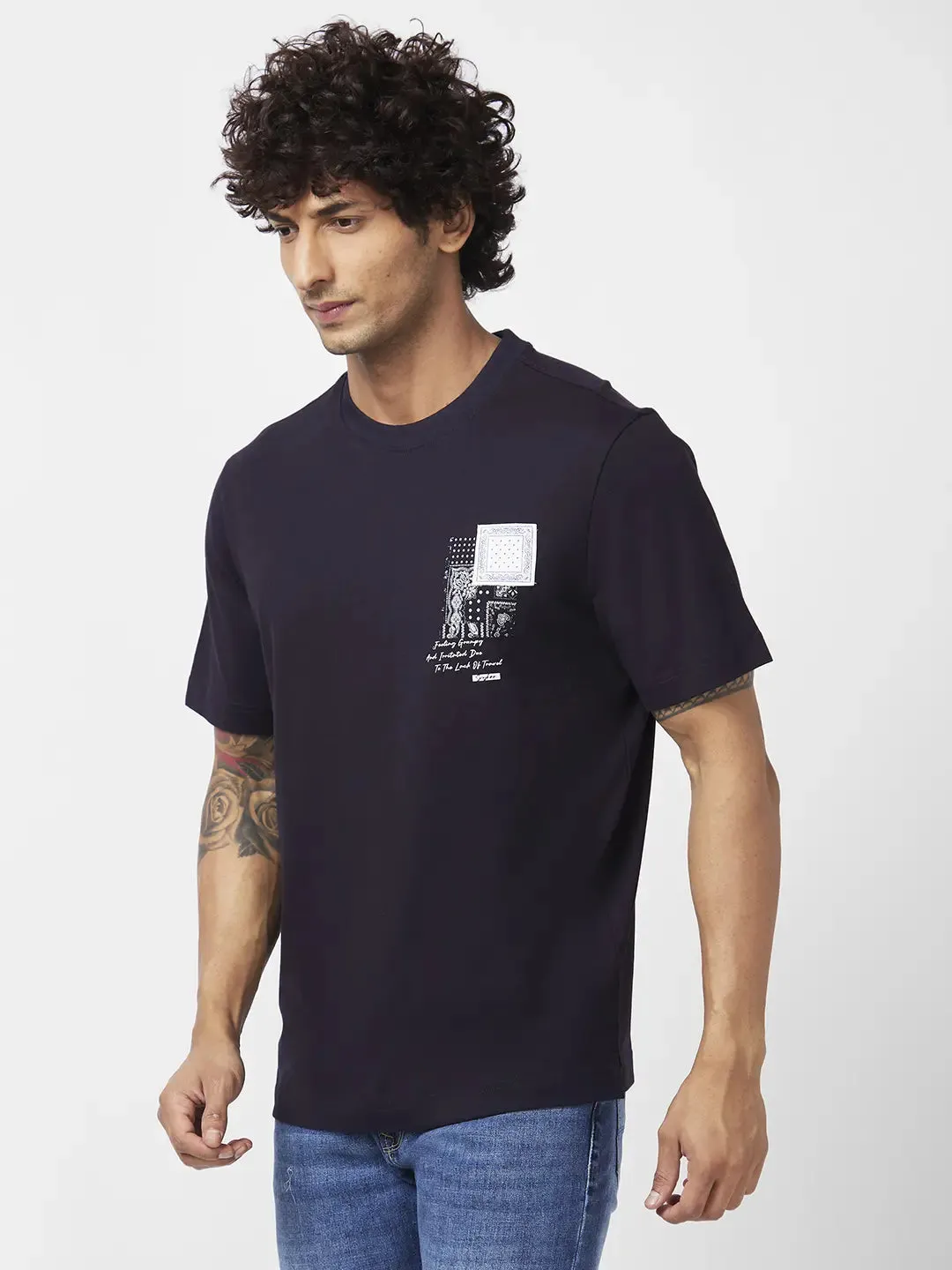 Spykar Men Navy Blue Cotton Comfort Fit Half Sleeve Round Neck Printed Tshirt