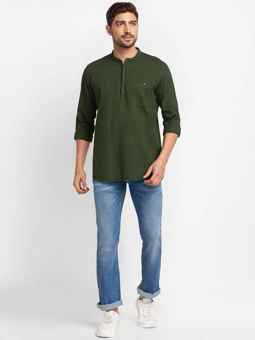 Spykar Olive Green Cotton Full Sleeve Plain Shirt Kurta For Men