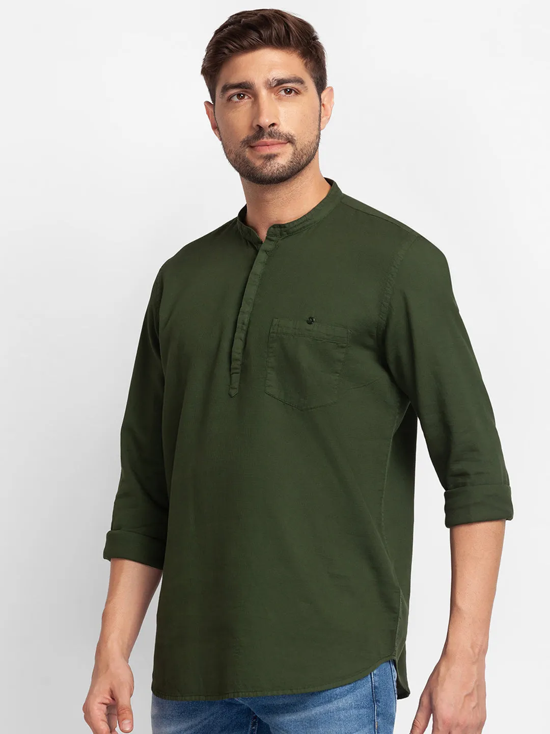 Spykar Olive Green Cotton Full Sleeve Plain Shirt Kurta For Men